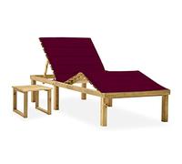 Tumbona de Jardín con Mesa y Cojín, Silla de Exterior Plegable en Madera de Pino Impregnada, Ajustable y Resistentes, para Terraza, Piscina o Camping, Color Verde y Rojo Vino, 200 x 70 x 31.5-77 cm