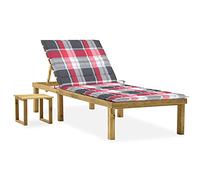 Tumbona de Jardín con Mesa y Cojín, Silla de Exterior Plegable en Madera de Pino Impregnado, Respaldo Ajustable, para Terraza, Piscina, Playa o Camping, Color Verde y Rojo, 200 x 70 x 77 cm