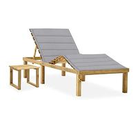 Tumbona de Jardín con Mesa y Cojín, Silla Playa Plegable Ajustable de Madera de Pino Impregnada, Tumbona Piscina Exterior Resistente a la Intemperie, Color Verde y Gris, 200 x 70 x 31.5-77 cm
