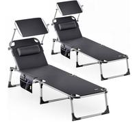 CASARIA® Set 2X Tumbonas Playa Plegable 180Kg Silla Jardín Reclinable Exterior Toldo Reposacabeza 210x61cm Bolsillo Piscina Camping Terraza Gris