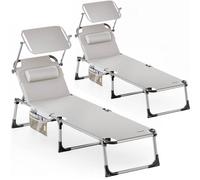 CASARIA® Set 2X Tumbonas Playa Plegable 180Kg Silla Jardín Reclinable Exterior Toldo Reposacabeza 210x61cm Bolsillo Piscina Camping Terraza Crema