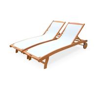Tumbona de madera multiposición con ruedas, set de 2 blanco - 196x68x91 cm