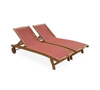 Tumbona de madera multiposición con ruedas, set de 2 terracota - 196x68x91 cm