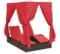 Tumbona doble de polirratán con respaldo ajustable y reposapiés + techo y cortinas para mayor privacidad + marrón + 205 x 129 x 200 cm + para jardín, terraza y relajación al aire libre