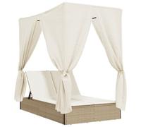 vidaXL Tumbona Doble con Techo y Cortinas ratán sintético Beige, Tumbona, Cama de día de Exterior, Cama de día de jardín, Tumbona de Exterior