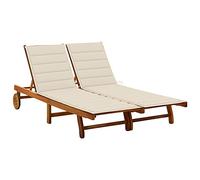 Tumbona para 2 Personas, Silla de Exterior con Estructura de Madera de Acacia Maciza, Respaldo Ajustable y Ruedas, Cojín Incluido,Terraza o Piscina,Blanco Crema, 200 x 118/123 x 30/62/76/85 cm