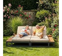 Tumbona para patio al aire libre, sofá cama multifuncional impermeable, cama doble con estantes, Sun Lounger para patio, ángulo de respaldo ajustable, beige, cama doble