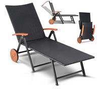 Tumbona poliratán negro plegable reclinable ruedas madera