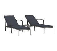 Tumbonas 2 unids con Mesa Poli Rattan Gris con Respaldo Ajustable | Marco de acero resistente, reposabrazos anchos, respaldo alto, posición ajustable, fácil de limpiar, mesa auxiliar para