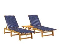 Tumbonas de 2 piezas con mesa de madera de acacia maciza, azul marino | Madera exótica resistente, cubierta impermeable recomendada, uso terraza, jardín, piscina, tono elegante