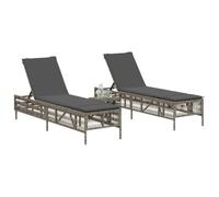 Tumbonas de 2 piezas con mesa, poli ratán gris, respaldo ajustable | Cojines gruesos, fundas lavables, acero revestido, resina trenzada, uso exterior, carga 110 kg, mesa a juego