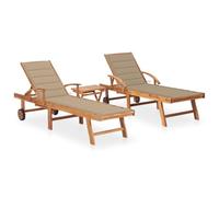 Tumbonas de Exterior 2 uds con Mesa y Cojines, Madera de Teca Maciza, Respaldo Ajustable 3 Posiciones, Ruedas para Fácil Movilidad, para Jardín, Piscina, Camping o Playa, Color Beige, 195 x 59.5 cm