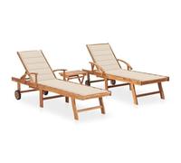 Tumbonas de Exterior 2 uds, Conjunto con Mesa Auxiliar y Cojines, Madera de Teca Maciza, Reclinable en 3 Posiciones, Acolchado Incluido, para Jardín, Piscina o Camping, Color Crema, 195 x 59.5 cm