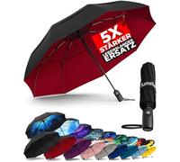 TUMELLA Paraguas de viaje resistente al viento (compacto, superior y hermoso), pequeño, fuerte pero ligero, portátil y plegable automático, agarre duradero de alta calidad, se adapta a coche y mochila