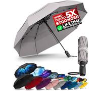TUMELLA Paraguas de viaje resistente al viento (compacto, superior y hermoso), pequeño, fuerte pero ligero, portátil y plegable automático, agarre duradero de alta calidad, se adapta a coche y mochila