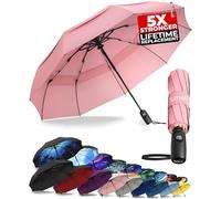 TUMELLA Paraguas de viaje resistente al viento más fuerte (compacto y de alta calidad), pequeño, resistente pero ligero, portátil y plegable automáticamente, mango premium duradero, Rosa suave., 42