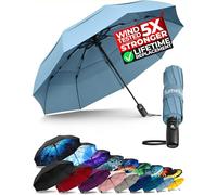TUMELLA Paraguas de viaje resistente al viento más fuerte (compacto y de alta calidad), pequeño, resistente pero ligero, portátil y plegable automáticamente, mango premium duradero, azul hielo., 106,7