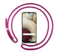 Tumundosmartphone Funda Colgante Transparente para Samsung Galaxy A12 / M12 con Cordon Rosa Fucsia