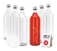 TUNDRA - 6 botellas de cristal para rellenar, 1 litro, con 6 tapas y 1 embudo, línea Elvia, botellas de agua fabricadas en Alemania, transparentes, irrompibles y aptas para lavavajillas