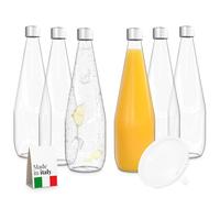 TUNDRA - Juego de 6 botellas de cristal de 750 ml con 6 tapones de rosca y 1 embudo | Línea CONIC | Botellas de cristal fabricadas en Italia, resistentes y lavables en lavavajillas - Para agua, zumos,