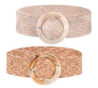 Tunejoy Cinturón de Vestir Tejido Elástico Cinturón de Paja Trenzadode Ropa Delgado Marrón Beige con Hebilla Redonda para Mujer Niñas Vestidos Camisas Largas Abrigos Playa Bohemio 2 Piezas