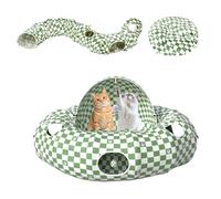Túnel para gatos grandes con espacio para dormir, cama para gatos de peluche, túnel redondo con pompones, juguete interactivo para interior, color verde.