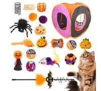 Túneles para gatos de interior - Bonito túnel interactivo para gatos, varita de plumas de gato de Halloween, juguetes de ratones de resorte, kit de inicio plegable de canal cuadrado para mascotas