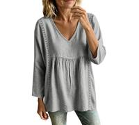 Túnica de gasa de lino y algodón con bordes de encaje para mujer, blusa de manga tres cuartos con cuello en V, blusa holgada y cómoda, ideal para viajes al extranjero y vacaciones de verano, gris, L