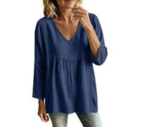 Túnica de gasa de lino y algodón con bordes de encaje para mujer, blusa de manga tres cuartos con cuello en V, blusa holgada y cómoda, ideal para viajes al extranjero y vacaciones de verano, azul