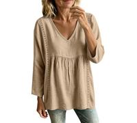 Túnica de gasa de lino y algodón con bordes de encaje para mujer, blusa de manga tres cuartos con cuello en V, blusa holgada y cómoda, ideal para viajes al extranjero y vacaciones de verano, caqui