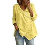 Túnica de lino de ajuste holgado para mujer, cuello en V con lazo de encaje vintage con detalles bordados, silueta cómoda y relajada en manga 3/4 de longitud, amarillo, XL