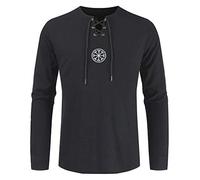 Túnica de Lino Medieval de Talla Grande para Hombre, Disfraz de Manga Larga con Cuello en V, Camiseta Vikinga 3D Odin Vegvisir Compass Rune Amulet Hippie Grandad Shirt,Negro,XXXXL