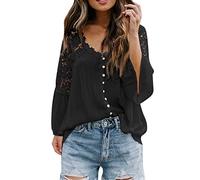 Túnica de manga larga para mujer con ribete de encaje abotonado blusa casual dulce cuello en V camisa blanca camisetas mujer, Negro , XL