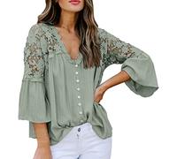 Túnica de manga larga para mujer con ribete de encaje abotonado blusa casual dulce cuello en V camisa blanca camisetas mujer, verde, XXL