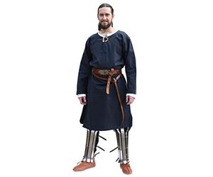 Túnica Medieval Albrecht para Hombre - con Ribete y de Manga Larga - Algodón - para Larp Vikingo - Azul Oscuro - L