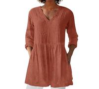 Túnica mujer lino algodón - Top mujer manga larga cuello en V Túnica amplia transpirable blusa lisa legeo camisa casual moda camiseta primavera-verano casa blusa vacaciones viaje, Watermelon Red, XXL
