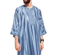 Túnica Musulmana para Hombre Túnica de Manga Corta con Cuello en V y Rayas Caftán de Arabia Saudí, Oriente Medio Vestido Islámico Abaya(Blue,4XL)