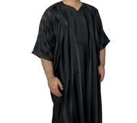 Túnica Musulmana para Hombre Túnica de Manga Corta con Cuello en V y Rayas Caftán de Arabia Saudí, Oriente Medio Vestido Islámico Abaya(Schwarz,XXL)