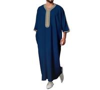 Túnica Musulmana para Hombre Túnica Holgada de Manga Corta Vestido Largo Étnico con Bolsillos(Blue,XXL)