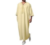 Túnica Musulmana para Hombre Túnica Holgada de Manga Corta Vestido Largo Étnico con Bolsillos(Yellow,S)