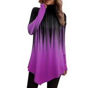 Túnica para mujer, color granate, verde, azul, geométrica, a cuadros, manga larga, informal, bohemia, étnica, cuello redondo, manga larga, bohemia, geométrica, camiseta con purpurina, morado, L