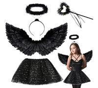Tuofang Alas de Angel Negro, Disfraz Angel para Niña Mujer, 60/80CM Plumas Ángel Alas con Falda de Tul para Carnaval Cosplay (60CM)