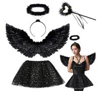 Tuofang Alas de Angel Negro, Disfraz Angel para Niña Mujer, 60/80CM Plumas Ángel Alas con Falda de Tul para Carnaval Cosplay (80cm)