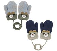 TUONYIS 2 Pares Guantes Invierno Niños Manoplas Lindos Guantes Termicos de Punto con Forro Peludo para Colgar en el Cuello para Niñas y Niños de 0 a 3 Años (Azul marino, Gris)
