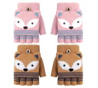 TUONYIS 2 Pares Guantes para Niños sin Dedos Guantes de Invierno para Niños, Cute Guantes Cálidos Convertibles con Tapa Abatible Suaves para Niñas y Niños de 3 a 9 Años (Marrón, Rosa)