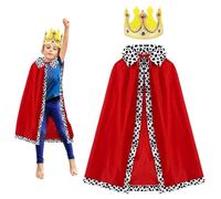TUONYIS 2 Piezas Disfraz de Rey para Niños, Capa de Rey Capa de Príncipe Capa de Terciopelo Real Capa de Roja con Corona, Disfraz de Principe Niños para Halloween, Carnaval, Fiesta