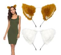 TUONYIS 2 Piezas Orejas de Zorro de Piel Sintética Hechas a Mano Orejas de Gato de Animales Diademas con Orejas de Zorro para Halloween Navidad Cosplay Accesorios de Disfraces de Fiesta (Camel,Blanco)