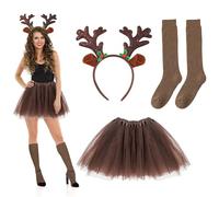 TUONYIS 3 Piezas Disfraz de Diadema Cuernos Ciervo, Orejas de Cuernos CiervoTutu y Calcetines, Disfraz de Animal Reno Accesorios para Niños Adultos Carnaval Halloween Navidad Fiesta Cosplay (Marrón)