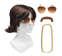 TUONYIS 4 Piezas 70s 80s Set Peluca Disco Hippie, Peluca Marrón, Bigote, Gafas, Cadena, Accesorios de Disfraces Hippie, para Rockero Cantante Hip Pop Retro Cosplay Halloween (Marrón)