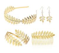 TUONYIS 4 Piezas Accesorios de Disfraz de Diosa Griega Mujer Corona de hojas romanas, tocado de hoja de laurel, tocado bohemio, Peine, Clip para el Pelo, Pendientes, Pulsera, para Bodas Party (Oro)
